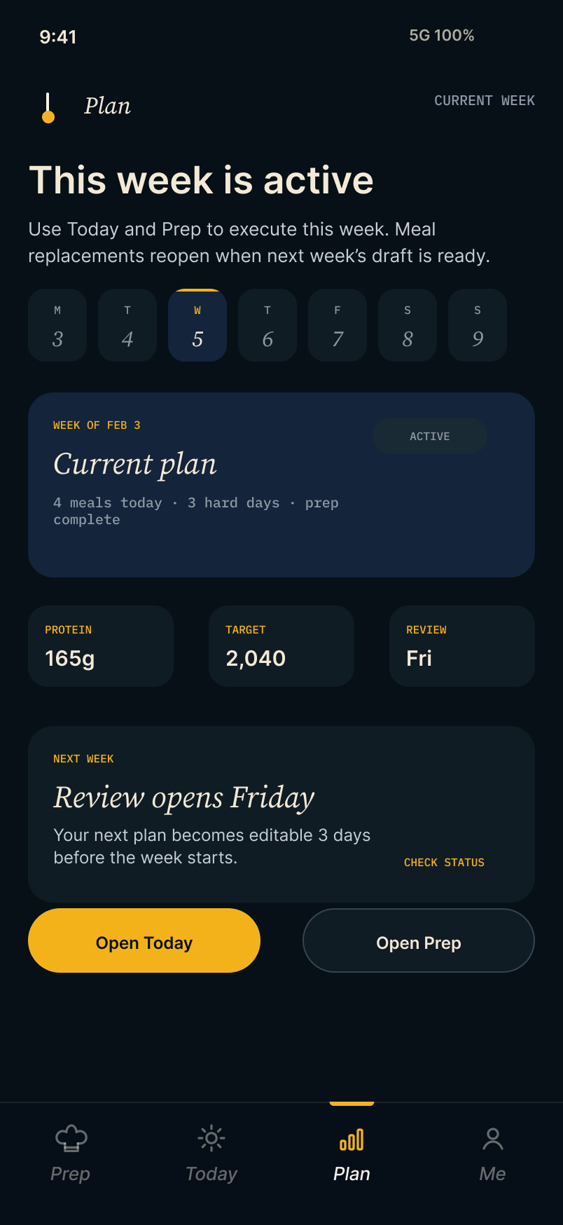 Mero weekly plan screen showing hard days, rest days, meals, and an accept plan button
