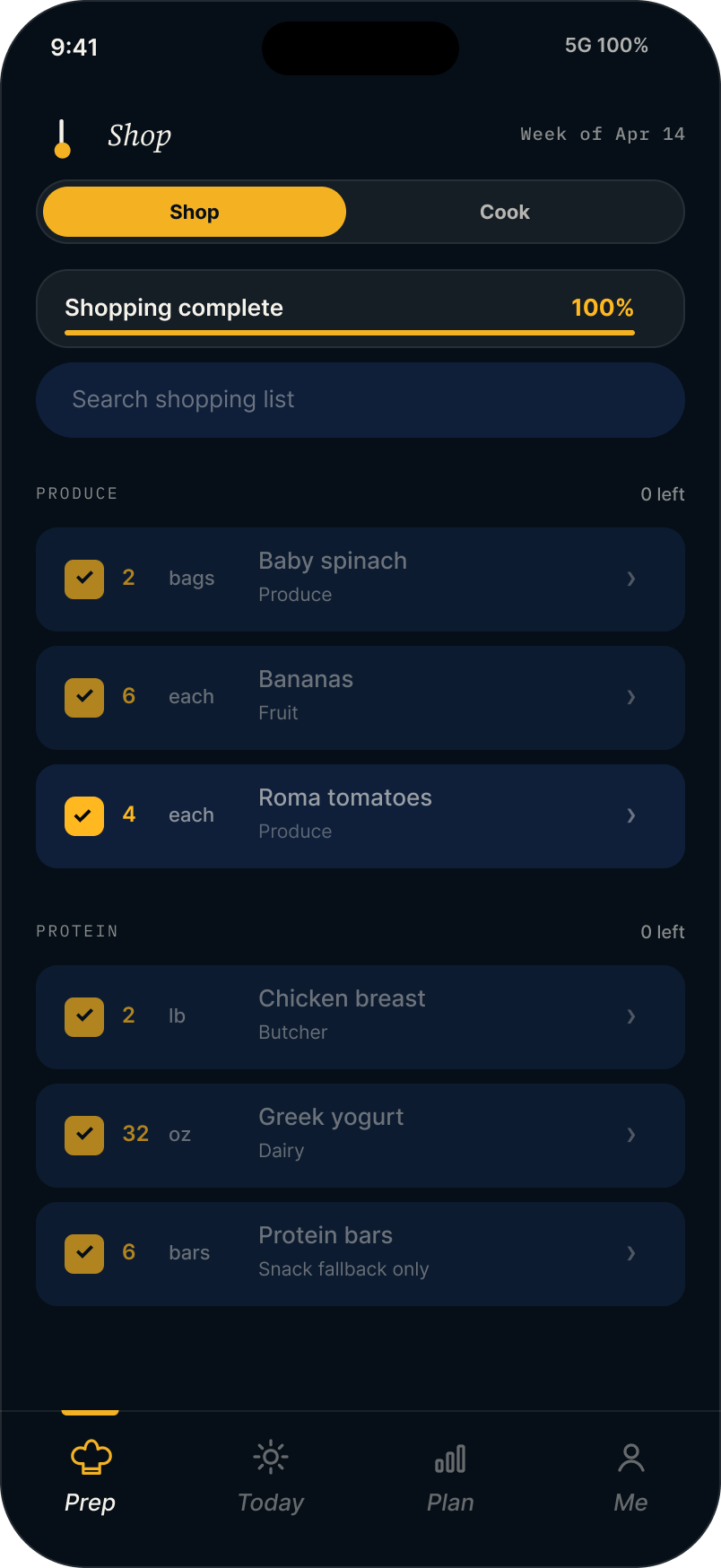 Mero grocery list screen generated from the weekly meal plan