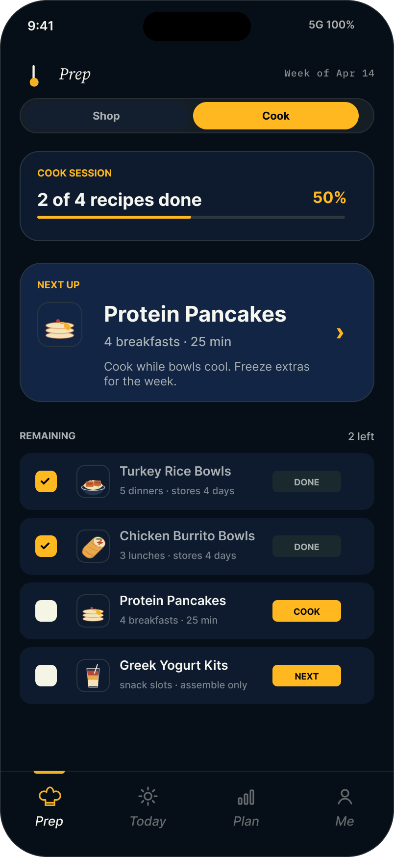 Mero prep workflow screen showing Sunday prep checklist