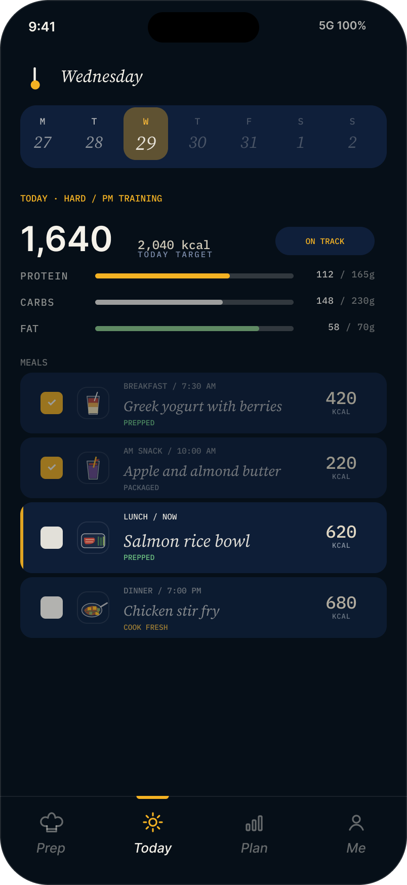 Mero Today screen showing meals, macro progress, and checklist status