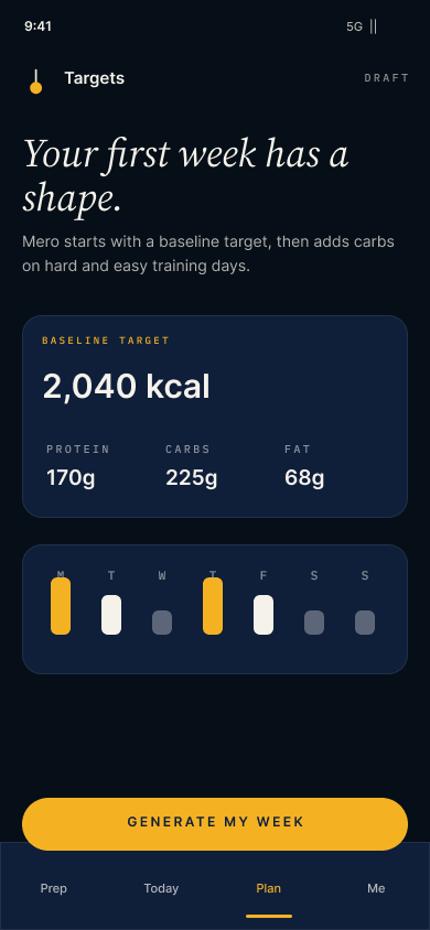 Mero macro targets screen showing daily calorie target, protein, carbs, fat, and per-day distribution
