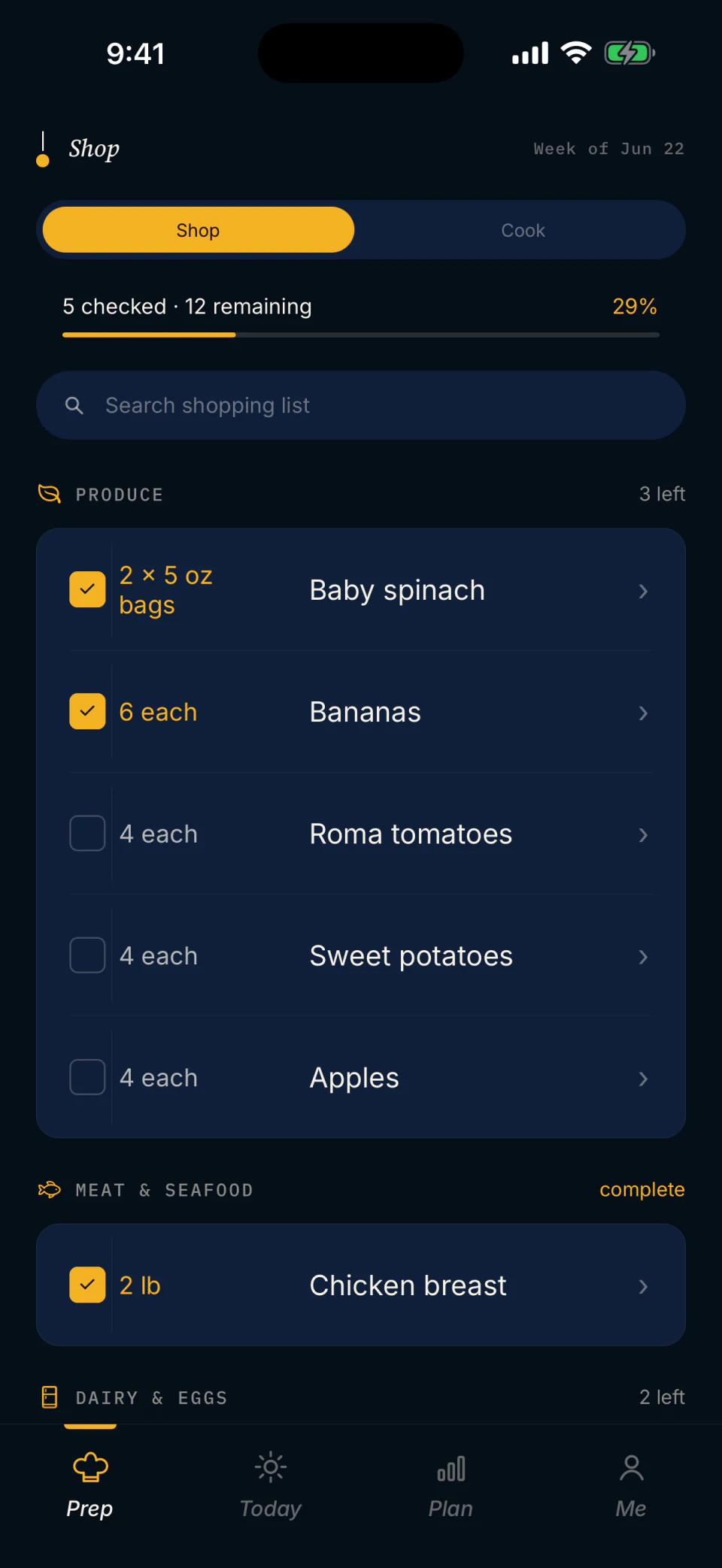 Mero Shop screen showing a weekly grocery list grouped by produce, meat and seafood, and dairy and eggs, with checked quantities and progress.