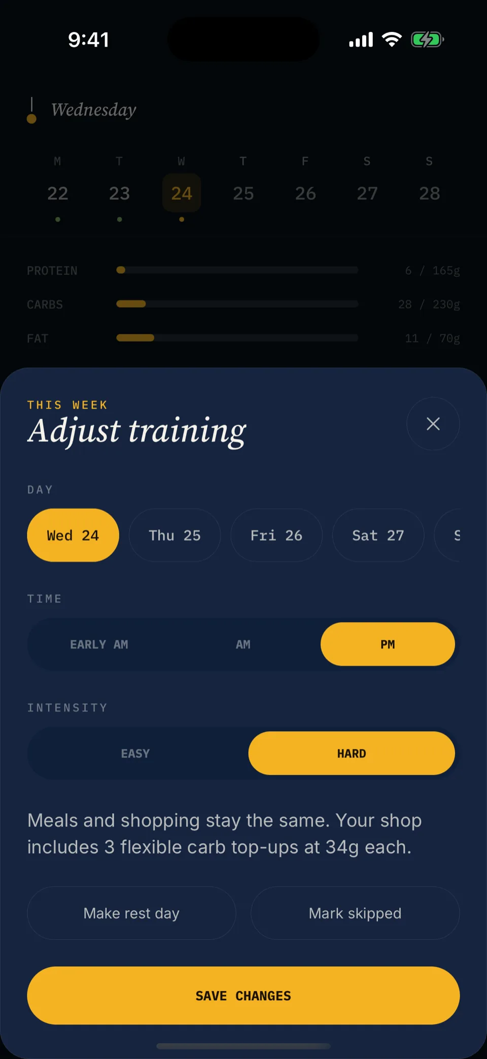 Mero Adjust training sheet: pick a new day, time and intensity. Meals and shopping stay the same.