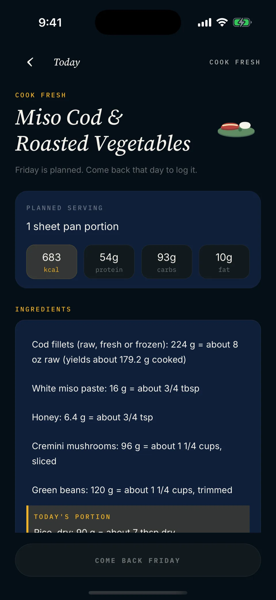 Mero recipe screen: one portion with its calories and macros, and each ingredient in grams and household measures.