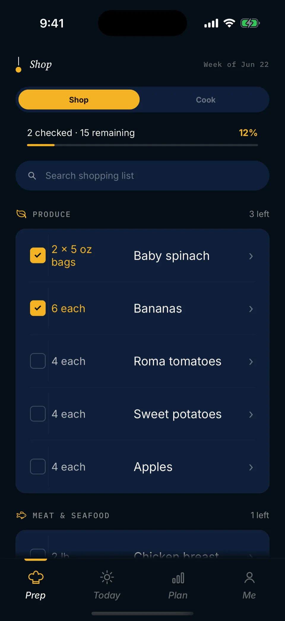 Mero Shop screen: a grocery list grouped by store section, with package amounts.