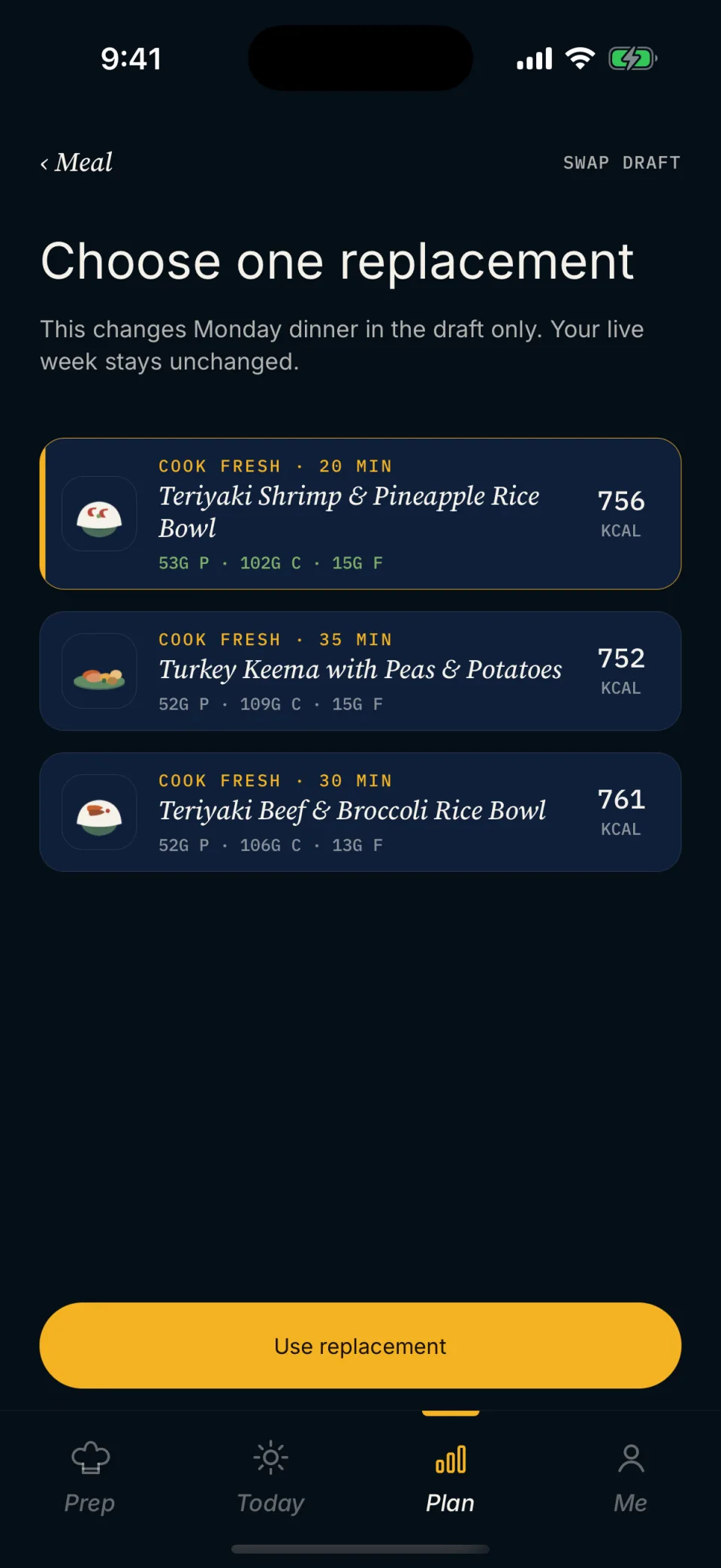 Mero swap screen: choose one replacement for Monday dinner, with three options and their calories and macros.