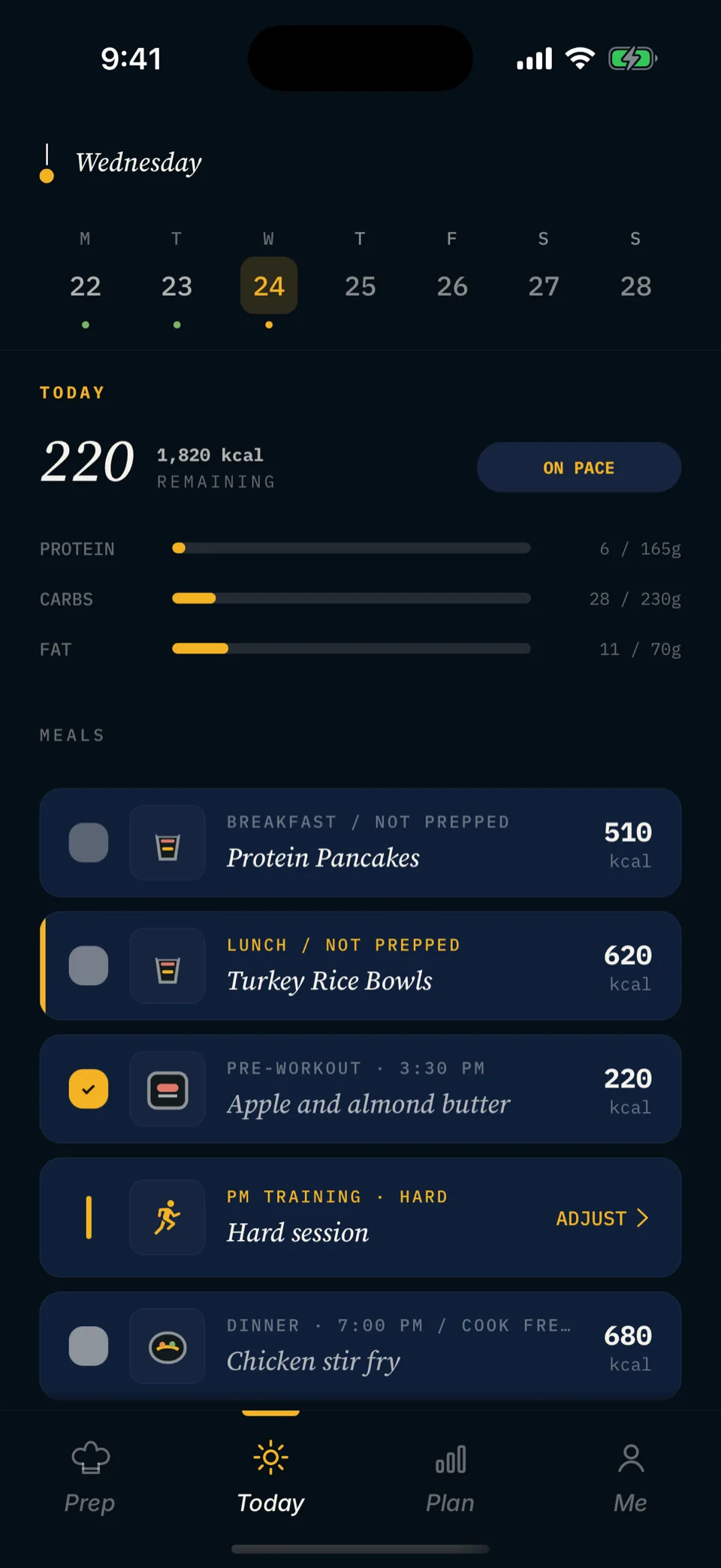 Mero Today screen: meals and a hard PM session in time order.