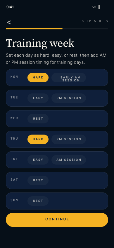 Mero training week setup screen tagging each day hard, easy, or rest with AM or PM sessions