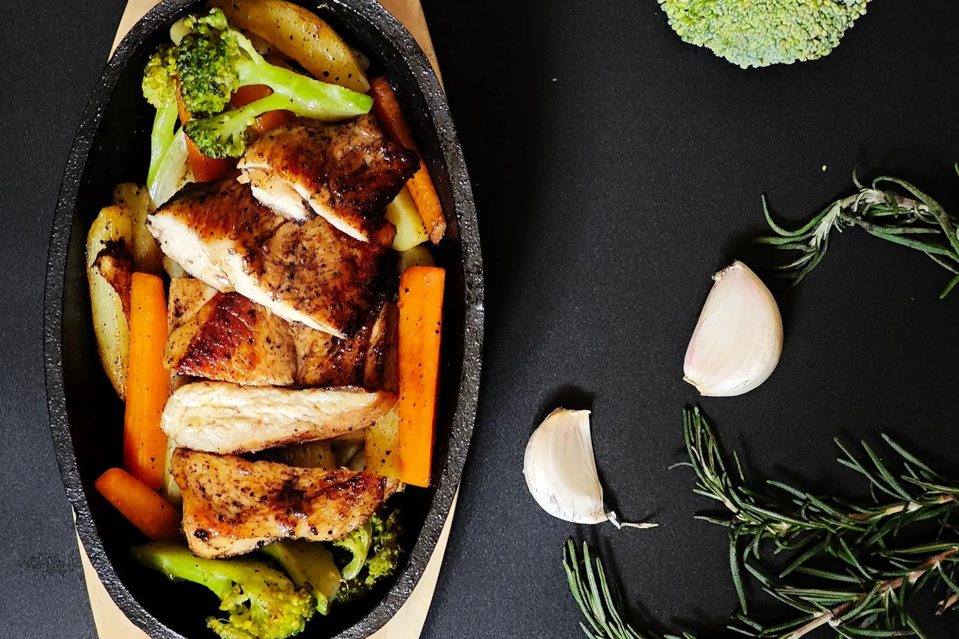 A sheet pan of roast chicken and vegetables.